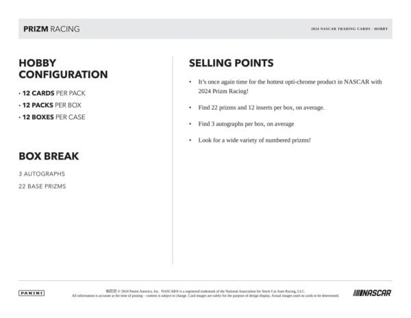 2024 Panini Prizm NASCAR Racing Hobby Trading Card Box (3 Autographs Per Box)